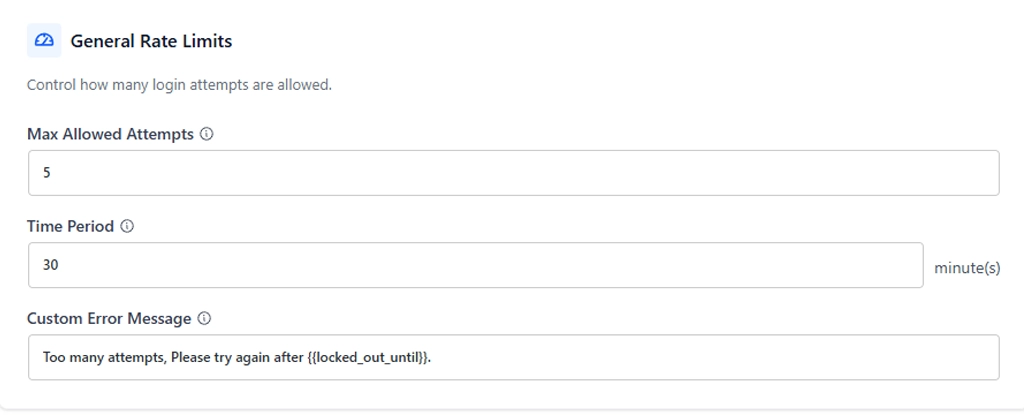 BruteFort General Rate Limits panel showing max attempts, time period, and custom error message fields