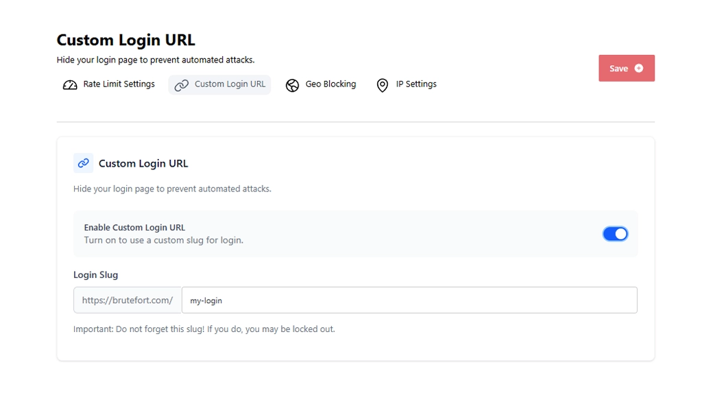 BruteFort Custom Login URL panel with the toggle enabled and a custom login slug field