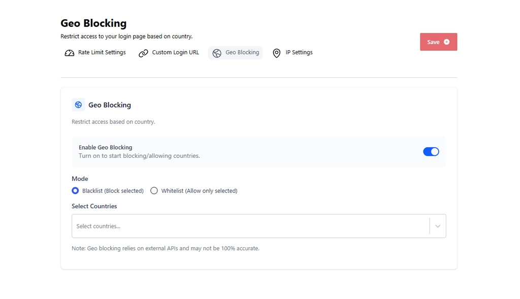 BruteFort Geo Blocking panel with enable toggle, blacklist/whitelist mode, and country select