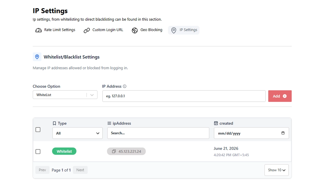 BruteFort IP Settings panel with whitelist and blacklist manager and IP table