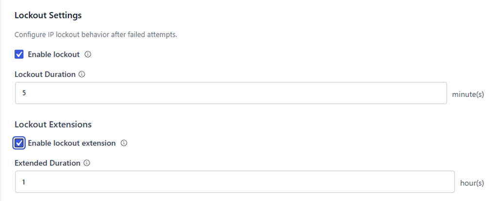 BruteFort Lockout Settings showing enable lockout toggle, duration, and lockout extension