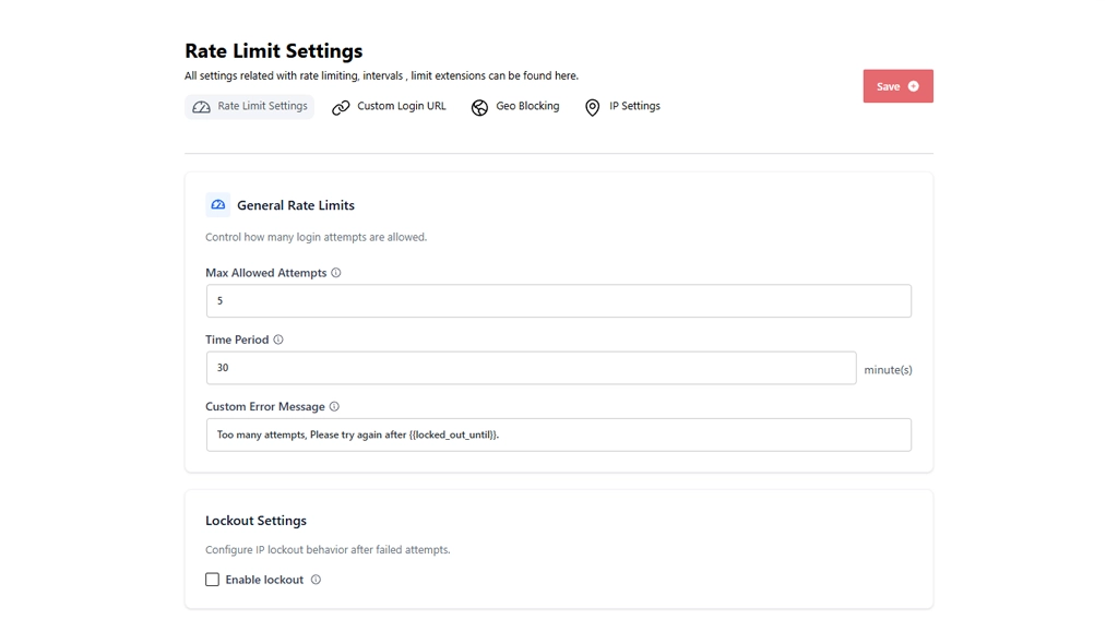 BruteFort's Rate Limit Settings tab showing max login attempts, time period, and lockout settings