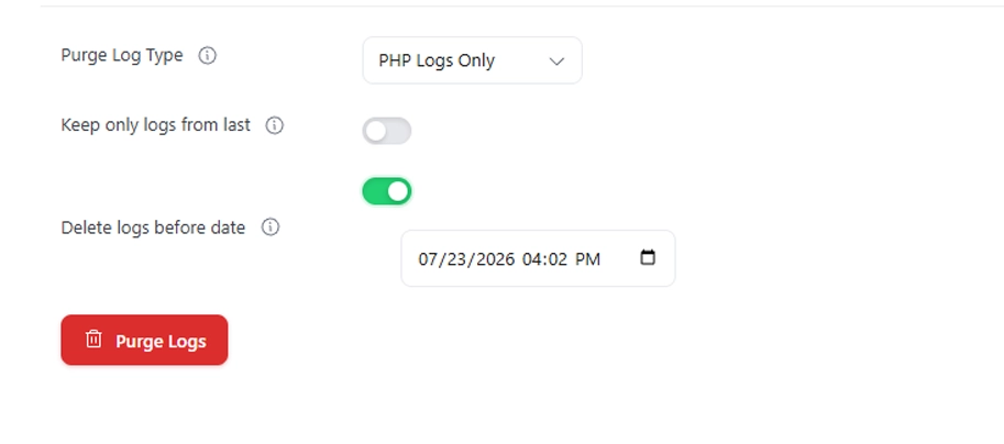 LogMate purge settings with delete logs before a specific date enabled