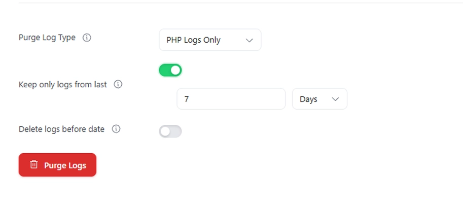 LogMate purge settings with the keep-only-recent-logs option enabled