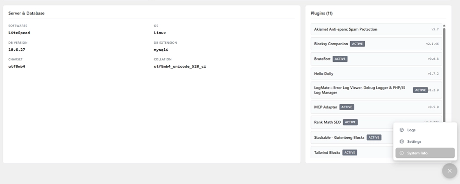 LogMate System Info screen showing PHP configuration, WordPress, theme, and debug log paths and sizes