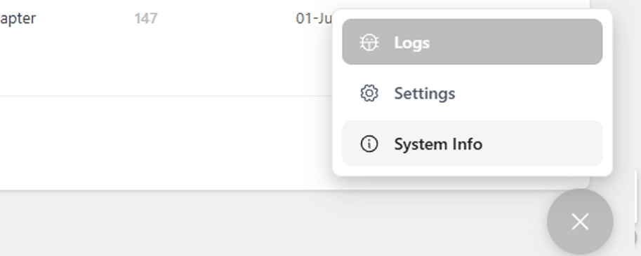 LogMate's floating dashboard menu with Logs, Settings, and System Info tabs