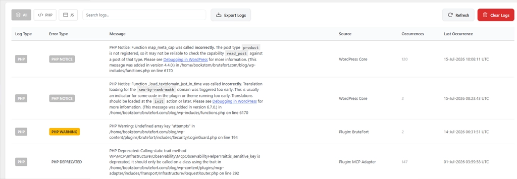 LogMate error logs table showing log type, error type, message, source, occurrences, and last occurrence